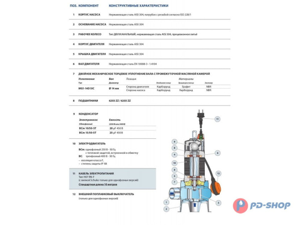 Насос фекальный Pedrollo BC10/50-ST кабель 10м
