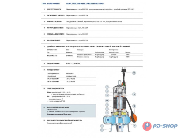 Насос фекальный Pedrollo BC10/50-MF кабель 10м