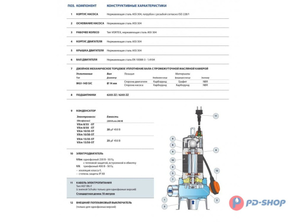 Насос фекальный Pedrollo VX10/50-ST кабель 10м